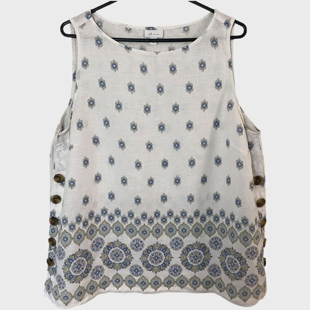 J.Jill Medallion Printed Linen Tank Top White Women's XLP Boho Coastal Casual